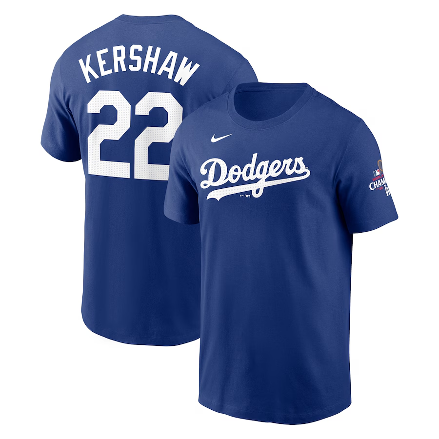 Men Los Angeles Dodgers #22 Kershaw 2024 MLB World Series Champions blue T shirts->mlb t-shirts->Sports Accessory
